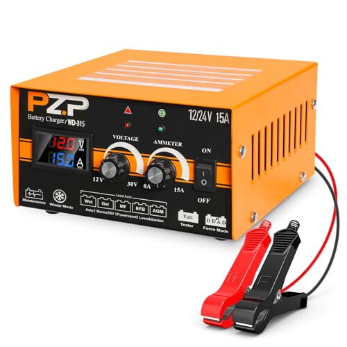 PZ.P 12V 24V Manual Battery Charger Maintainer, 0 to 15A, Desulfator, Orange