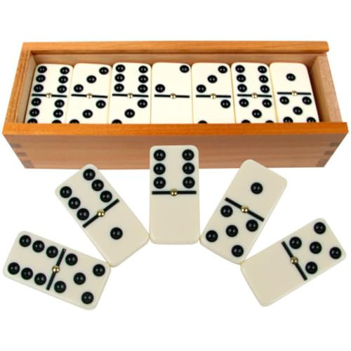 GENERIC PREMIUM SET OF 28 DOUBLE SIX DOMINOES WITH WOOD CASE, BROWN New