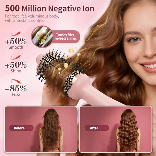 HIPPIH Infrared Blow Dryer Brush 4 in 1 Hair Dryer Brush Anti-frizz - Pink