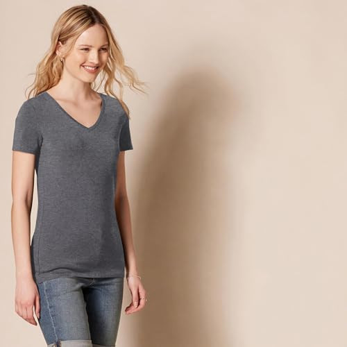 AMAZON ESSENTIALS WOMEN'S V-NECK T-SHIRT PACK OF 2 SIZE : M - CHARCOAL HEATHER