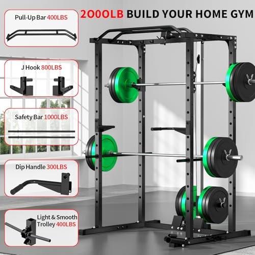 JEEKEE POWER RACK WITH LAT PULLDOWN 2000LBS POWER CAGE MULTI FUNCTION - BLACK