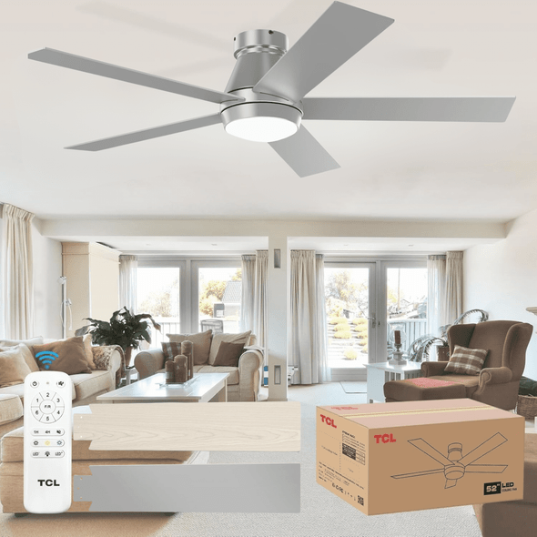 TCL 52" CEILING FAN LIGHTS FLUSH MOUNT, 5 BLADE LOW PROFILE 6 SPEEDS DC - SILVER