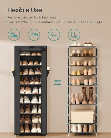 SONGMICS 10-TIER SHOES RACK WITH DUSTPROOF COVER, 28 X 48 X 160 CM - BLACK