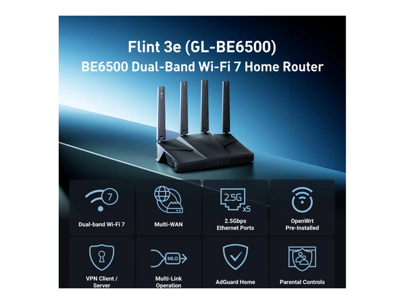 GL.iNet GL-BE6500 (Flint 3e) WiFi 7 Router, High-Speed WiFi Router for Wireless