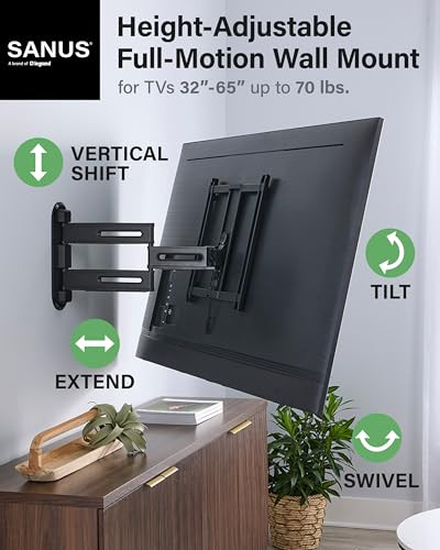SANUS HEIGHT ADJUSTABLE FULL MOTION TV WALL MOUNT – TVS UP 65” - BLACK