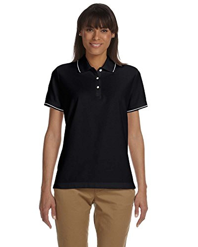 Devon & Jones Ladies Pima Piqué Short-Sleeve Tipped Polo, Medium, BLACK/WHITE