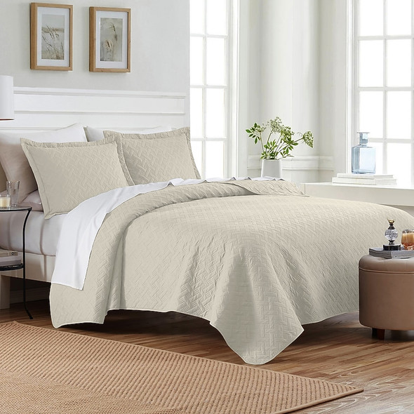 DAN RIVER 3 PIECE PINSONIC QUILT SET OATMEAL GEOMETRIC REVERSIBLE KING - OATMEAL