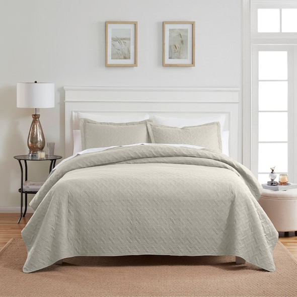 DAN RIVER 3 PIECE PINSONIC QUILT SET OATMEAL GEOMETRIC REVERSIBLE KING - OATMEAL