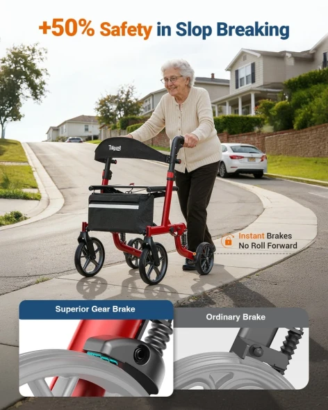 TILLPAST ALL TERRAIN FOLDING ROLLATOR WALKER FOR SENIORS WITH SEAT - RED