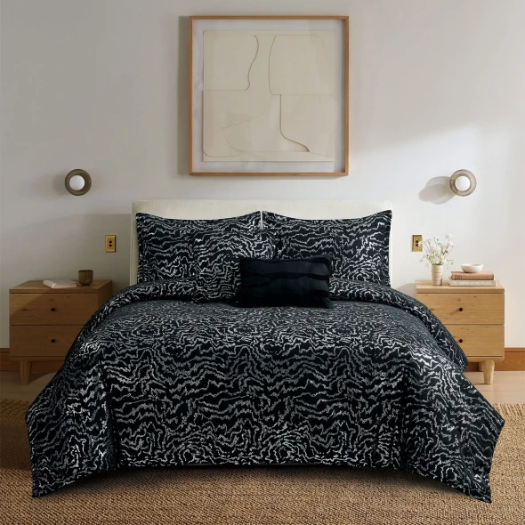 BUSAN 5 PIECES METALLIC MARBLE REVERSIBLE TEXTURED DESIGN SET - SIZE K - BLACK