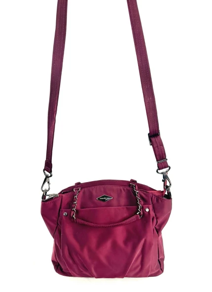 TRAVELON SATEEN NYLON MEDIUM CROSSBODY BAG WITH CHAIN HANDLES AND STRAP - MAROON