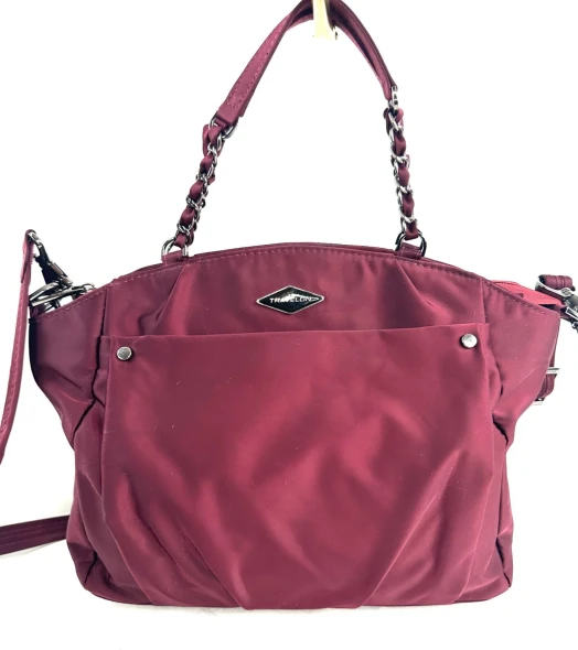 TRAVELON SATEEN NYLON MEDIUM CROSSBODY BAG WITH CHAIN HANDLES AND STRAP - MAROON