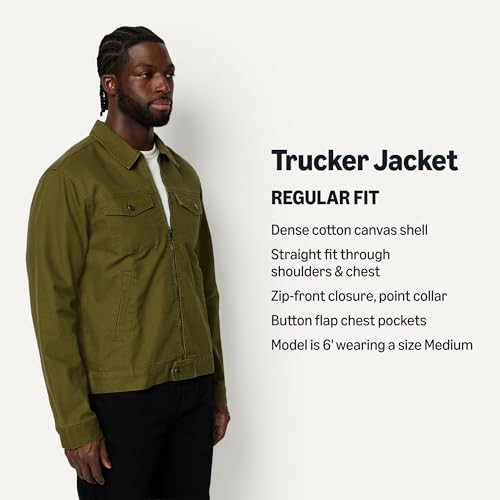 AMAZON ESSENTIALS MEN'S COTTON CANVAS ZIP-FRONT TRUCKER JACKET - DARK OLIVE