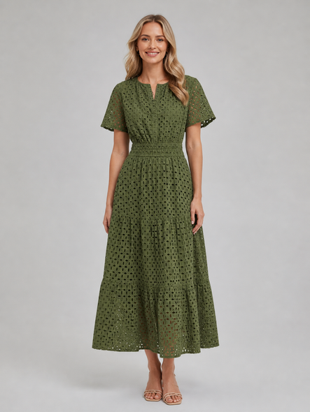 BARN SWALLOW NEW YORK WOMEN’S EYELET A-LINE MIDI DRESS - SIZE: L - OLIVE GREEN New