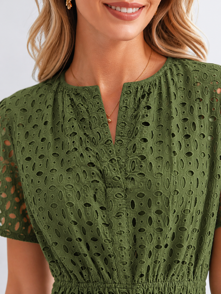 BARN SWALLOW NEW YORK WOMEN’S EYELET A-LINE MIDI DRESS - SIZE: L - OLIVE GREEN New