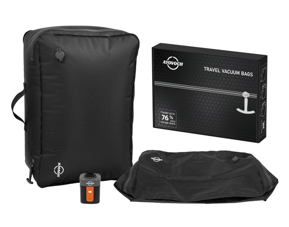 AYOVOCH TRAVEL VACUUM BAGS WITH WIRELESS PUMP 70L, 2PC + PUMP - BLACK
