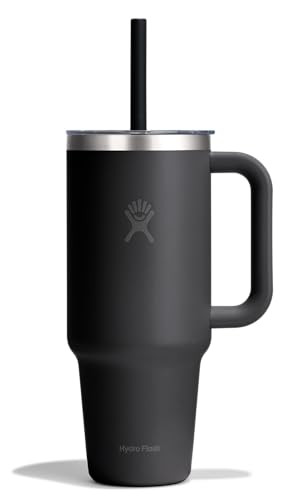 HYDRO FLASK TRAVEL TUMBLER WITH HANDLE, CLEAR LID, STRAW, STAINLESS - BLACK/GRAY New