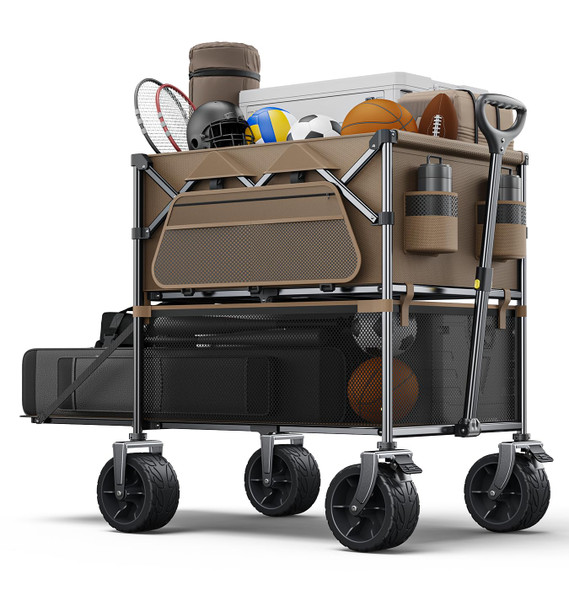 Everyfun 480Lbs Foldable Double Decker Wagon Cart,Beach Carts - Brown