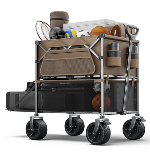 Everyfun 480Lbs Foldable Double Decker Wagon Cart,Beach Carts - Brown