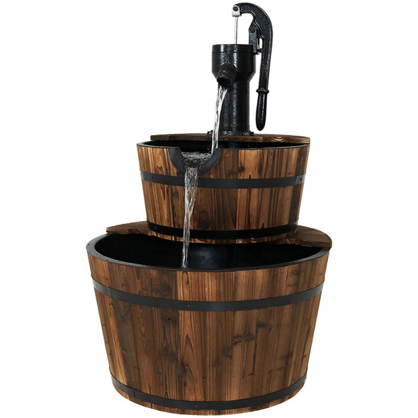 SUNNYDAZE DECOR 2-TIER WOOD BARREL WATER FOUNTAIN 34" VINTAGE - BROWN New