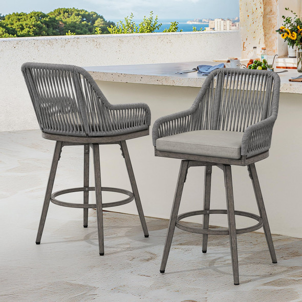 COZYMAN OUTDOOR BAR STOOLS SET OF 2 360° SWIVEL ALUMINUM RATTAN - GRAY