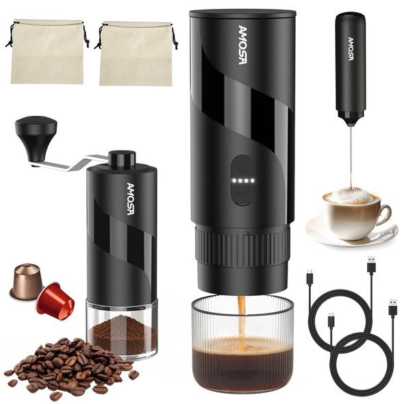 AMOSA PORTABLE ELECTRIC ESPRESSO MACHINE GRINDER MILK FROTHER AE1201 - BLACK