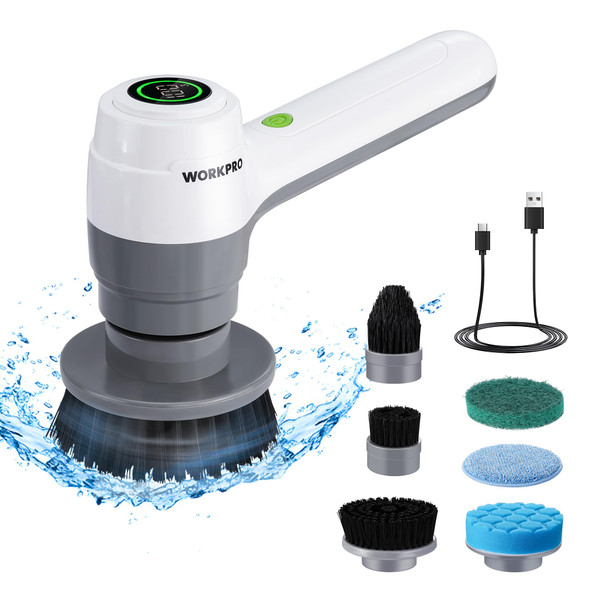 WORKPRO 8V ELECTRIC SPIN SCRUBBER 3SPEED 6 REPLACEABLE BRUSH HEADS - WHITE/GRAY