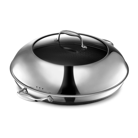 HEXCLAD HYBRID FRY PAN WITH LID, 14", STAY-COOL HANDLE, SILVER