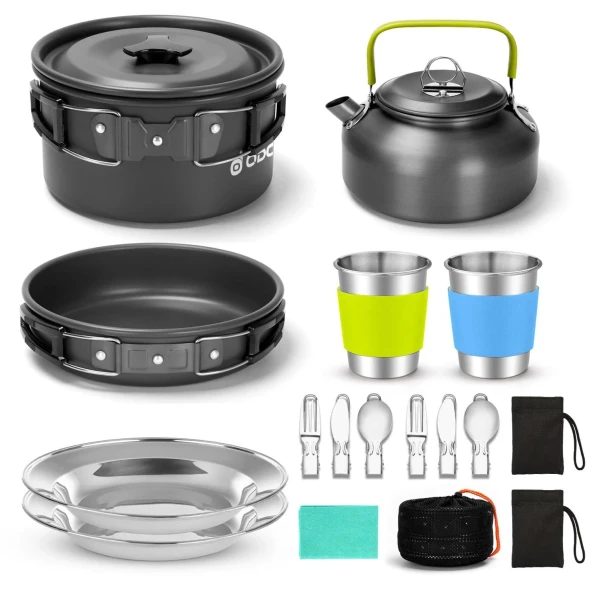 ODOLAND 15PCS CAMPING COOKWARE MESS KIT, NON-STICK LIGHTWEIGHT POT - BLACK