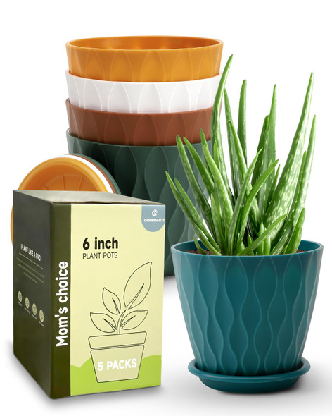 GOPROAUTO 6 Inch Indoor Planter Pots, Drainage Hole, Tray Saucer, 5 Pack - Multi