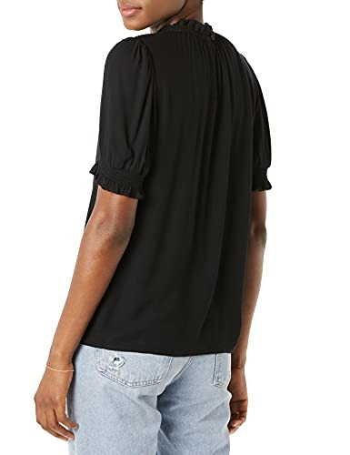 Amazon Essentials Women's Fluid Twill Short Puff Sleeve Ruffle Smocked Shirt