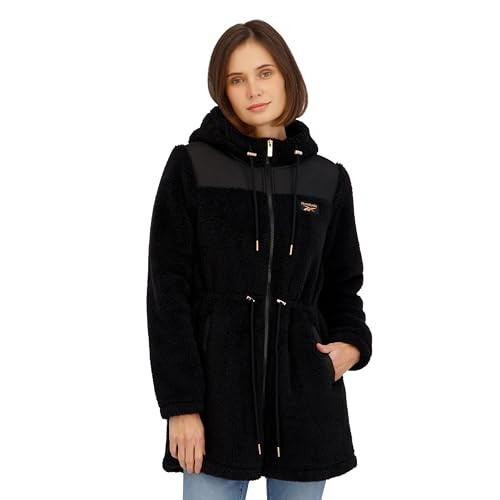 REEBOK WOMEN'S LONG DOUBLE SIDED FLEECE ZIP-UP JACKET - SIZE: M - BLACK New