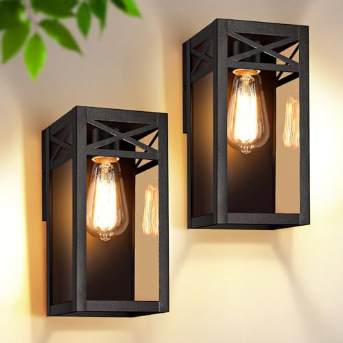 Outdoor Wall Light Fixtures, 2-Pack, Black Porch Lights with Glass Shade