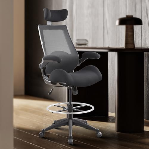 BOLISS Drafting Chair Tall Office Chair with Flip-up Armrests Ergonomic - Black