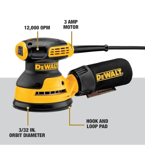 DEWALT ORBITAL SANDER 5 INCH PALM SANDER TOOL 12,000 OPM (DWE6421) - YELLOW
