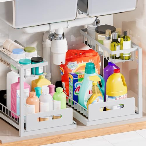 VUSIGN UNDER SINK ORGANIZER STORAGE 2 PACK SLIDE OUT CABINET ORGANIZER WHITE