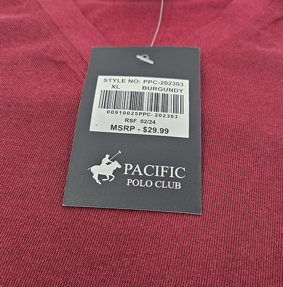 PACIFIC POLO CLUB MEN'S LONG SLEEVE T-SHIRT - SIZE: MEN XL - BURGUNDY - V NECK