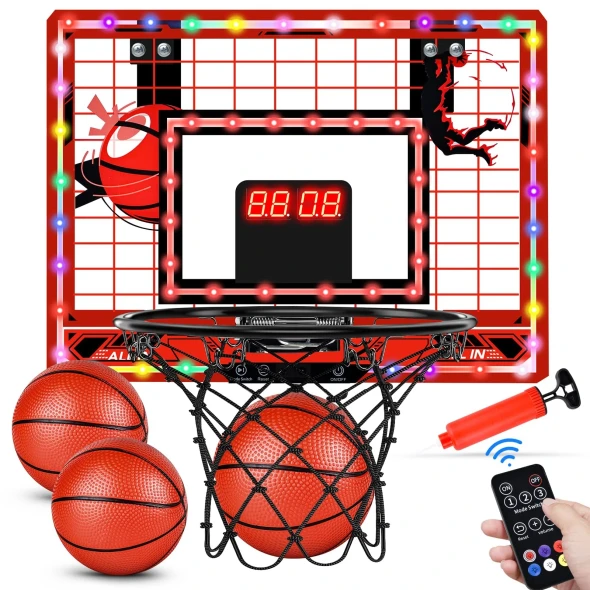 TINYTREK INDOOR MINI BASKETBALL HOOP DUAL LED LIGHT STRIPS ELECTRONIC - RED