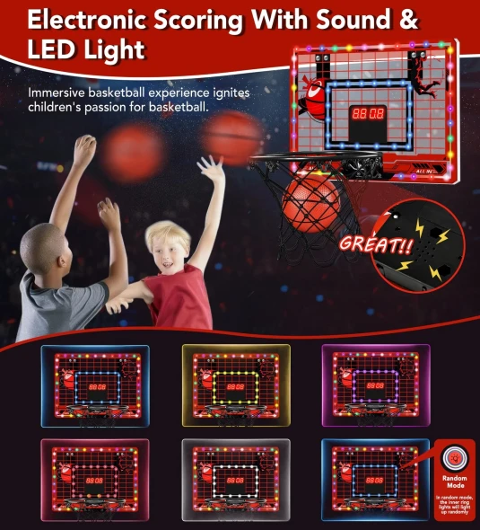 TINYTREK INDOOR MINI BASKETBALL HOOP DUAL LED LIGHT STRIPS ELECTRONIC - RED