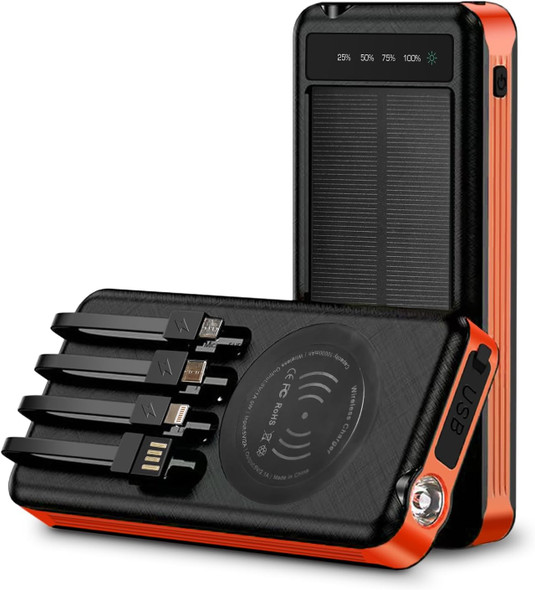 ALPHA DIGITAL SOLAR POWER BANK WITH WIRELESS CHARGING, 10000MAH - BLACK ORANGE