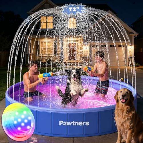 PAWTNERS FOLDABLE DOG POOL SPRINKLER RGB LED LIGHT 72" COLLAPSIBLE - BLUE