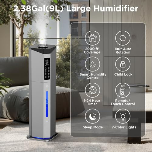 GLORYAIR HUMIDIFIERS 2.38GAL/9L DUAL ATOMIZERS FOR LARGE ROOM - GRAY