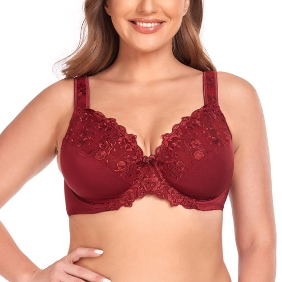 TELIMUSSTO SEXY LACE EMBROIDERED BRAS FULL COVERAGE - SIZE: WOMEN 42H - WINE RED