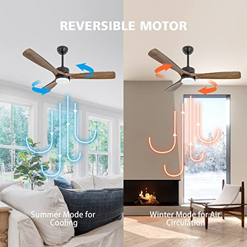 OUATER 52" Wood Ceiling Fans, 3 Color Light, 6 Speed, DC Motor, Walnut Black