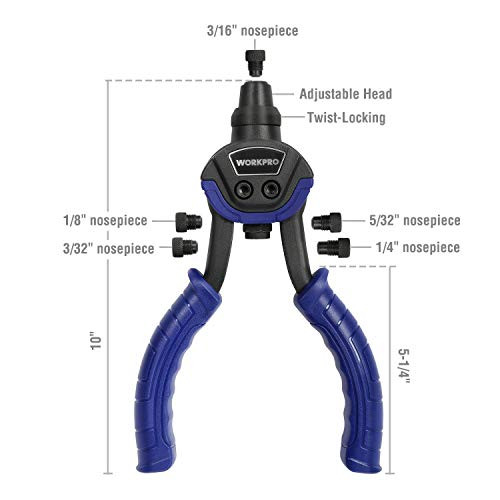 WORKPRO MANUAL RIVITER 5 INTERCHANGEABLE HEAD RIVET GUN 100 RIVETS - BLUE