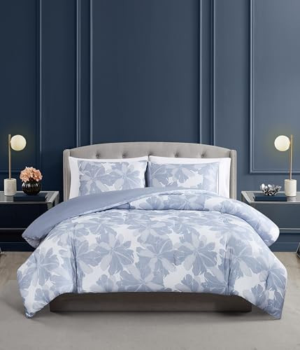 Vince Camuto Organic Floral 100% Cotton 3 Piece Full/Queen Duvet Set - Blue