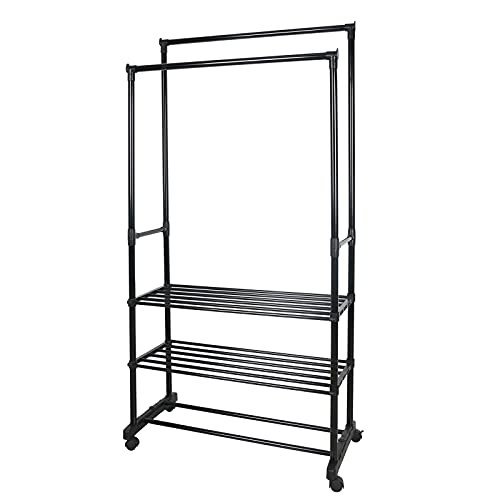 ZOES HOMEWARE Double Rod Clothes Rack on Wheels with Shelves Metal B095P7GNH1