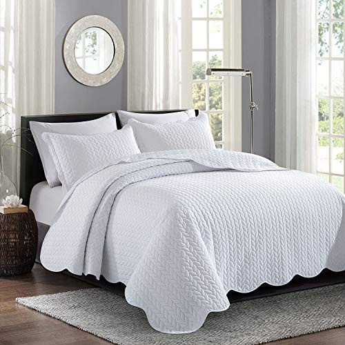 MOONLIGHT20015 White Quilt Set Queen Size (90" x 96") - 3 Pcs (White)