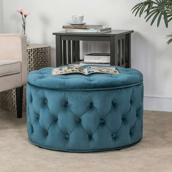 Adeco Round Storage Ottoman Button Tufted Footrest Stool Bench Teal- Velvet New
