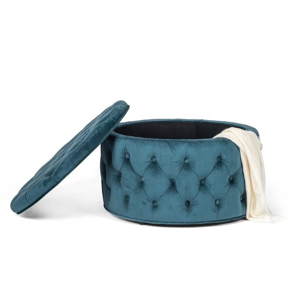 Adeco Round Storage Ottoman Button Tufted Footrest Stool Bench Teal- Velvet New